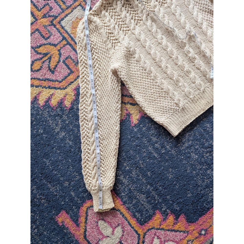 VTG Handmade Cream Cable Knit Ruffle Neck Sweater Pointelle Fisherman Regency S - Picture 6 of 6